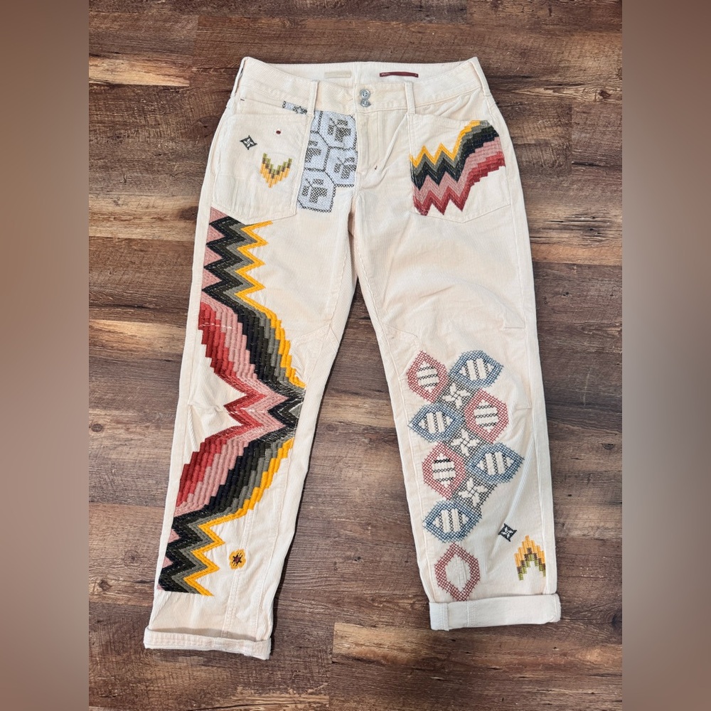 Pilcro Cream Pants with Multicolor Embroidery